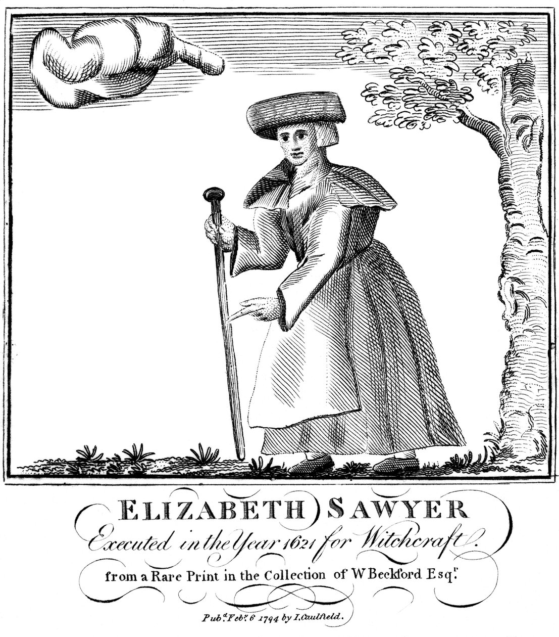 Elizabeth Sawyert boszorkányként kivégezték Angliában 1621-ben, 1794-ben alkotó: Unbekannt
