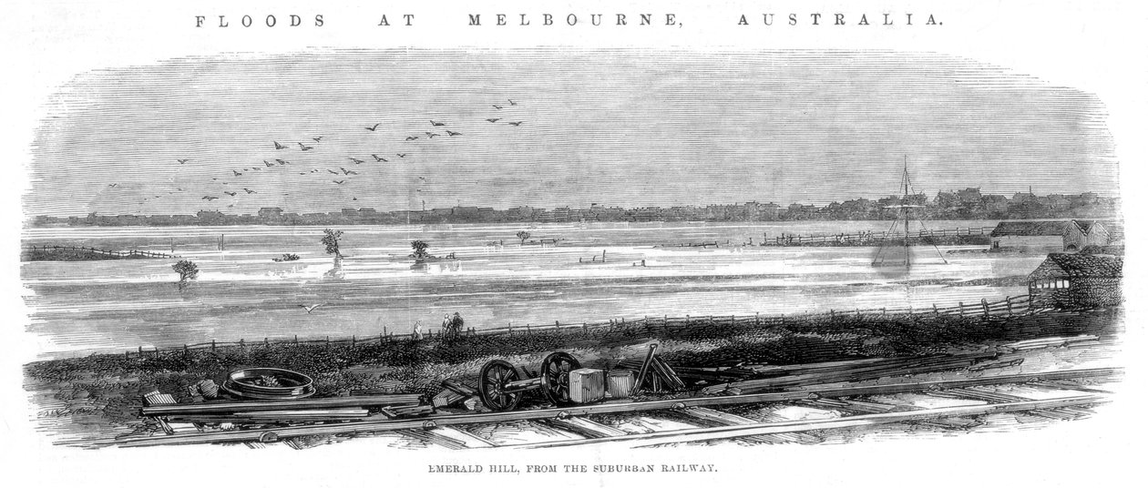 Emerald Hill, az elővárosi vasúttól – árvizek Melbourne-ben, Ausztráliában, 1864 alkotó: Unbekannt