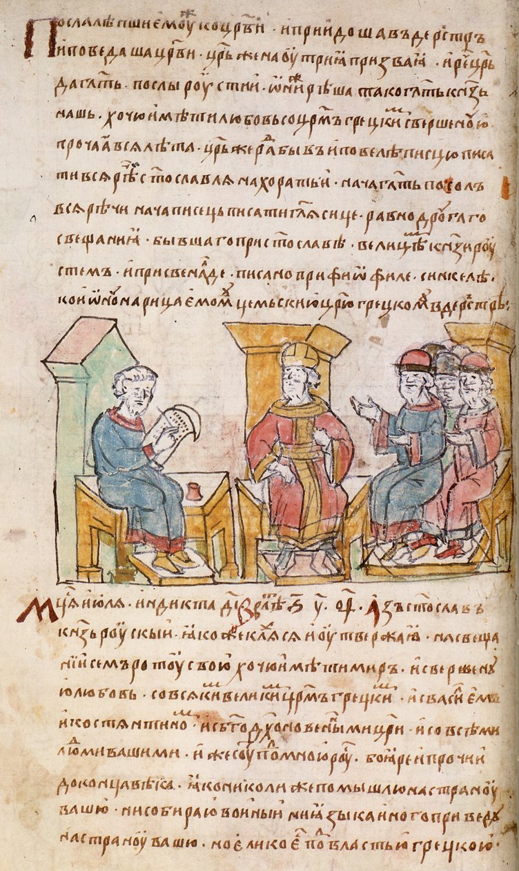 I. Cimiskes János császár találkozása I. Szvjatoszláv kijevi nagyköveteivel a Radziwill-krónikából, XV. alkotó: Unbekannt
