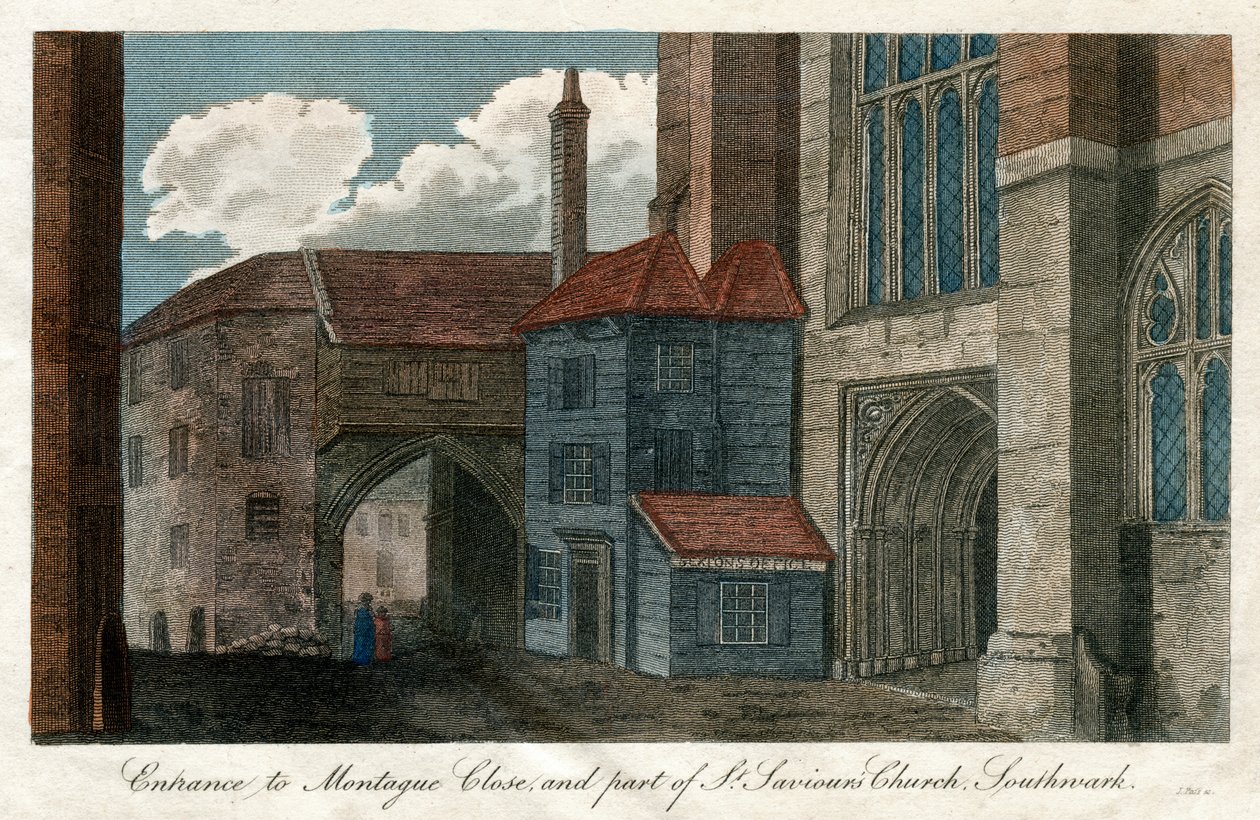 A Montague Close bejárata és a St Saviors Church egy része, Southwark, London, 1814 alkotó: Unbekannt