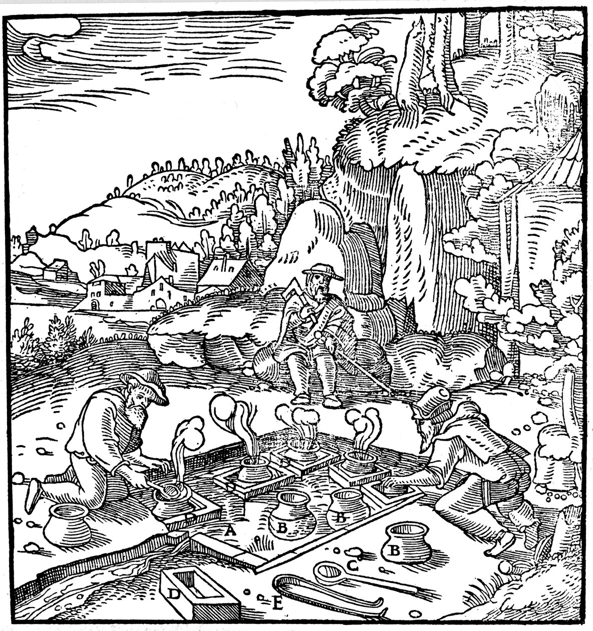 Sós edények párologtatása természetes melegvízforrásban, hogy sót nyerjenek, 1556 alkotó: Unbekannt