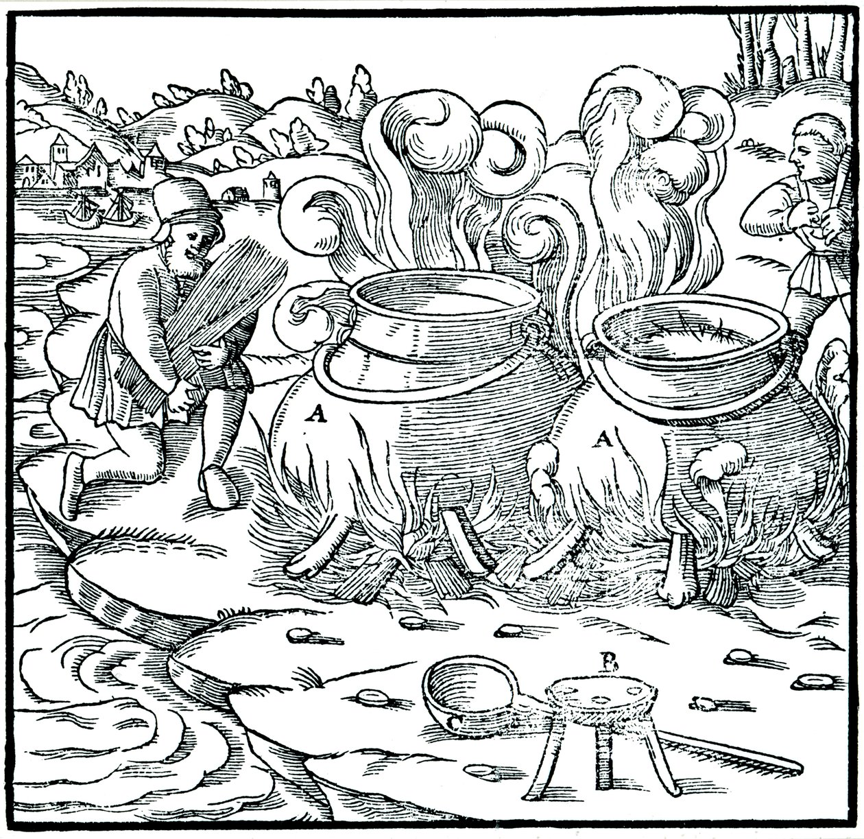 Tengervíz elpárologtatása vasedényekben só előállítására, 1556 alkotó: Unbekannt