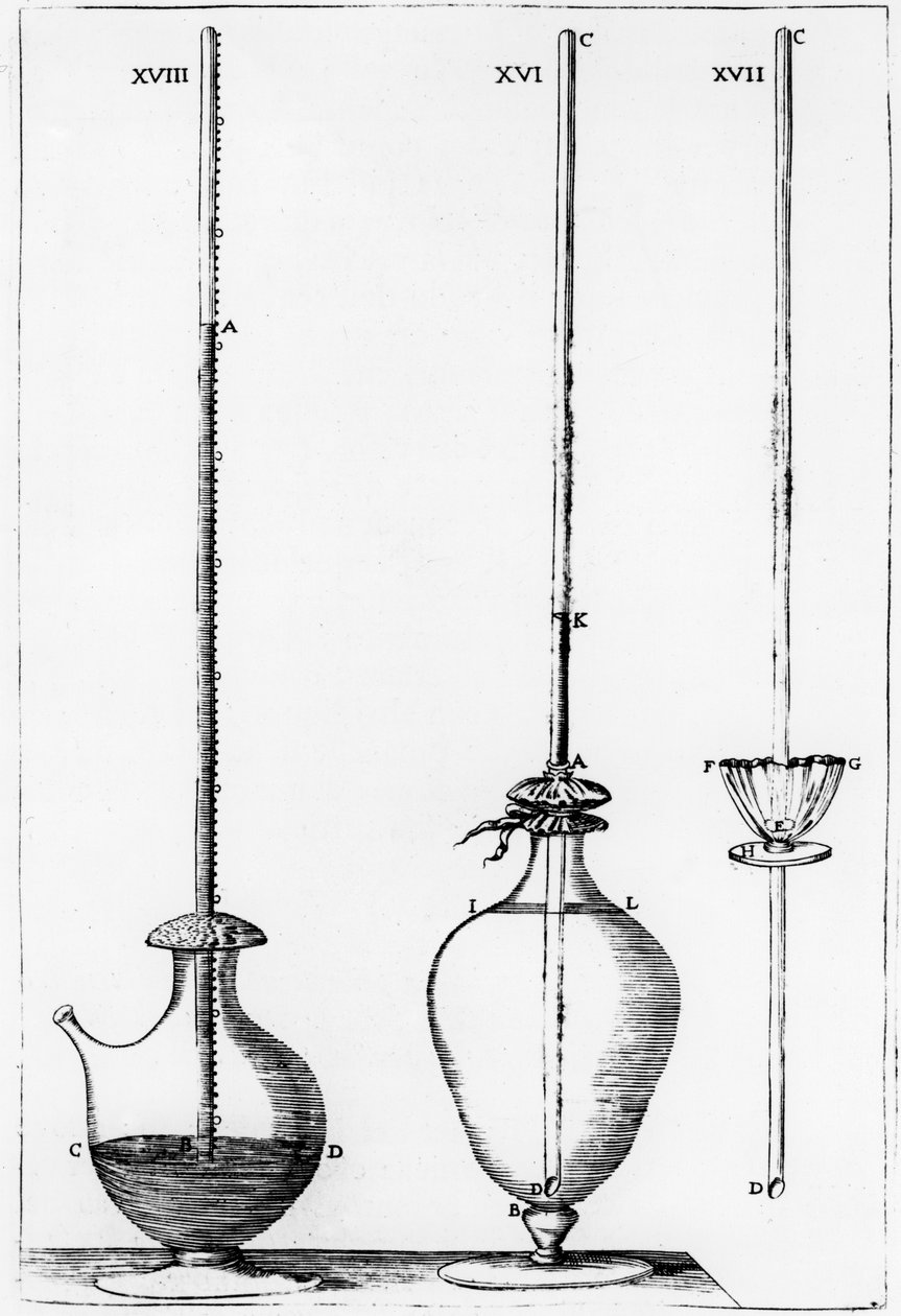 Az Accademia dell Cimento által használt kísérleti barométerek, Firenze, Olaszország, 1691 alkotó: Unbekannt