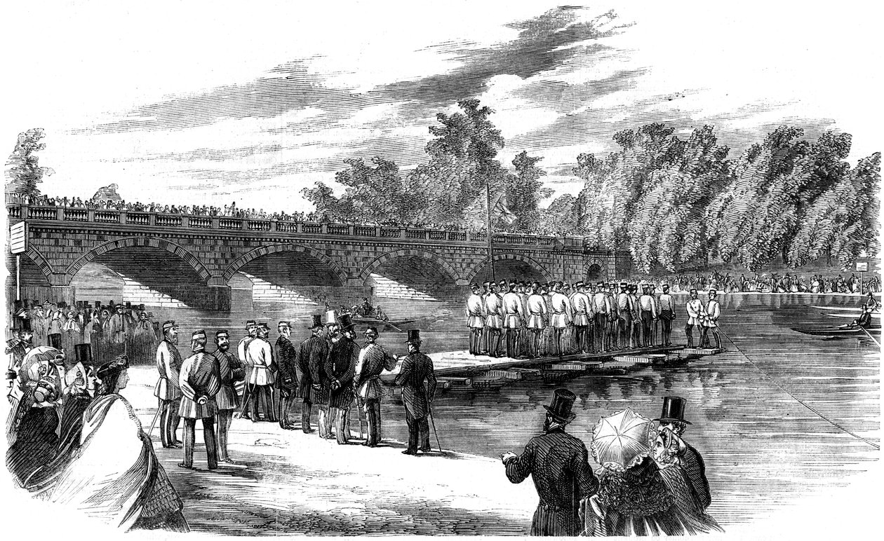 Kísérletek Fowkes kapitány pontonhíddal a Serpentine-n, Hyde Park, London, 1860 alkotó: Unbekannt