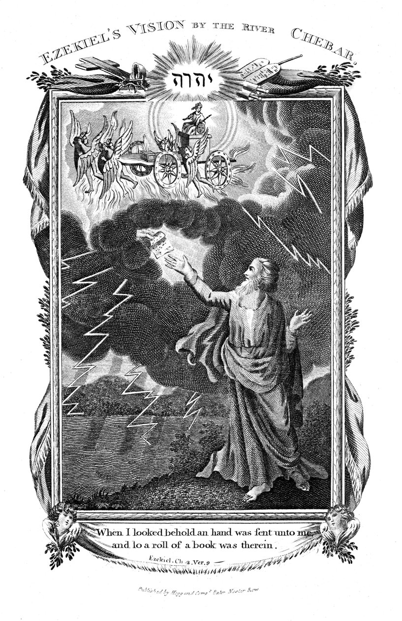 Ezékiel látomása egy szekérről az égen és egy kézről a felhőkben, amint egy könyvet tart feléje, 1804 alkotó: Unbekannt