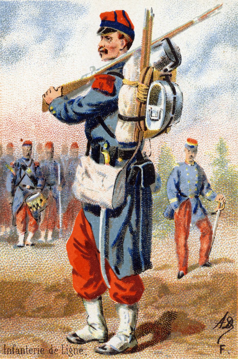 F: Vonalgyalogság. Metszet "Katonai ábécé"-ben. Az illusztrátor kezdőbetűi: A. D. Ismeretlen kiadó. Kromolitográfia a 19. század végén. Mérete: 10,5x7 cm. alkotó: Unbekannt