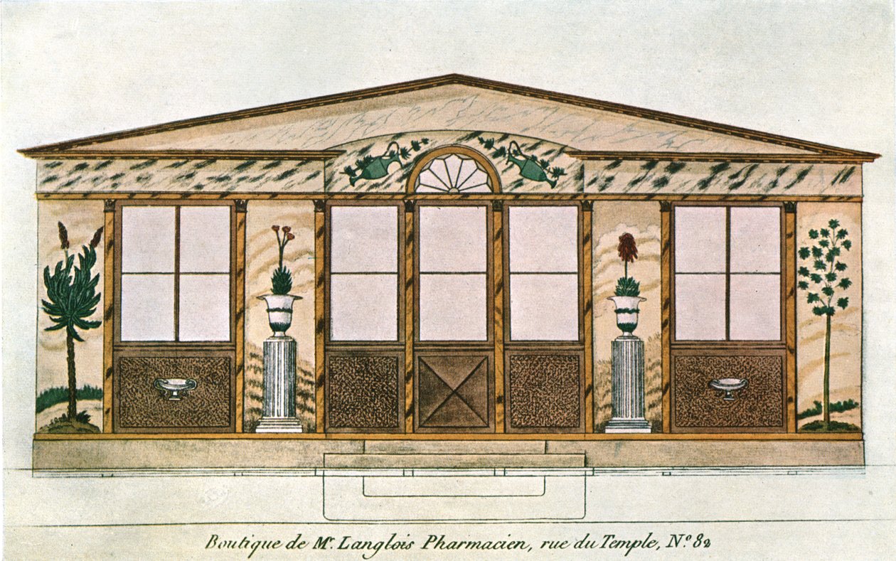 Langlois Apothecarys Shop homlokzatfestése, Párizs, Franciaország, 1928. alkotó: Unbekannt