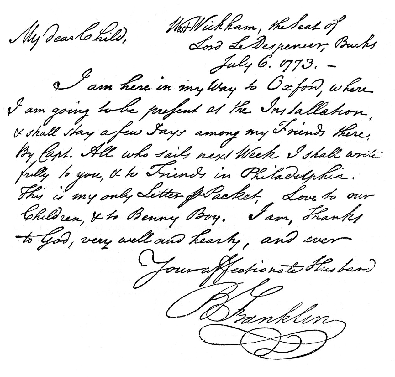 Benjamin Franklin feleségének írt levelének fakszimile, 1773 c1880 alkotó: Unbekannt