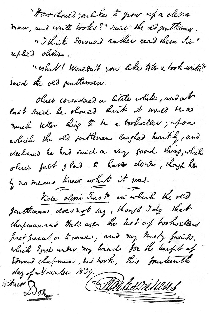 A Pickwick Papers, 1839, 1912 egy példányában található felirat fakszimile alkotó: Unbekannt