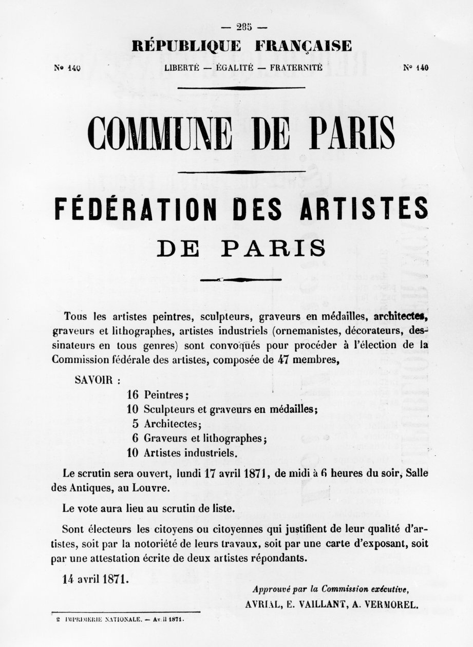 Federation des Artistes, a Párizsi Kommün francia politikai plakátjairól, 1871. május alkotó: Unbekannt