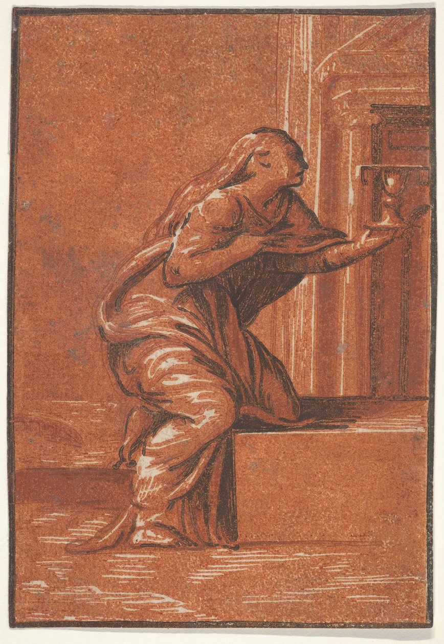 Faith női megszemélyesítése, aki letérdelve kelyhet emel bal kezében, af..., kb. 1520-1560. alkotó: Unbekannt