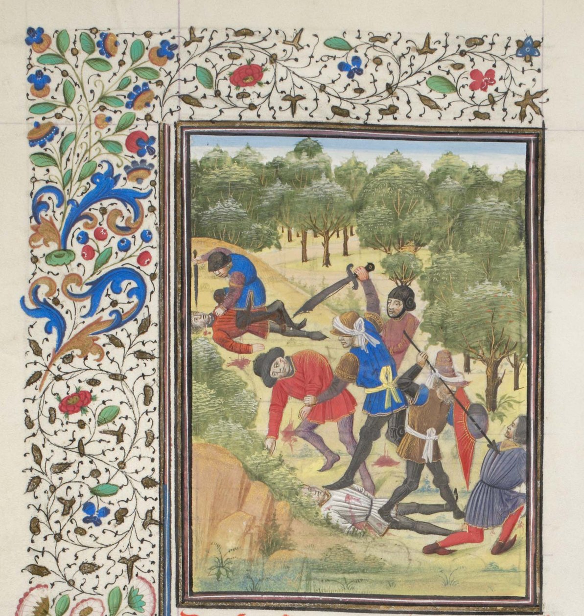 Harc egy erdőben keresztények és szaracénok között. Türoszi Vilmos miniatúrája a Historiából, 1460-as évek alkotó: Unbekannt