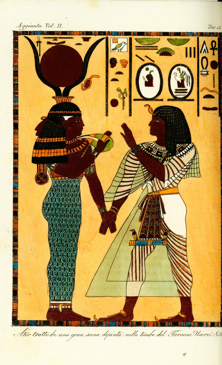 Hathor egyiptomi istennő alakja I. Széti királlyal thébai sírjából, Giovanni Battista Belzoni fedezte fel alkotó: Unbekannt