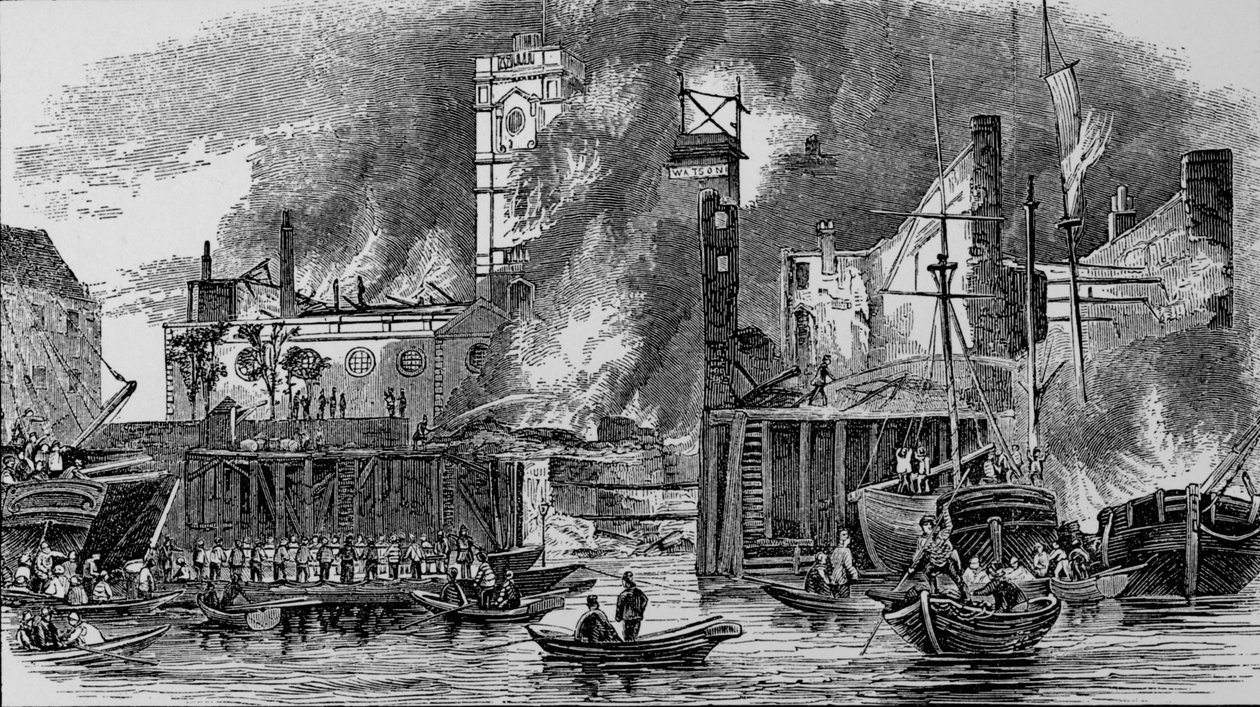 Tűz a Toppings Wharfnál, London Bridge, 1843, c1843, 1912. alkotó: Unbekannt
