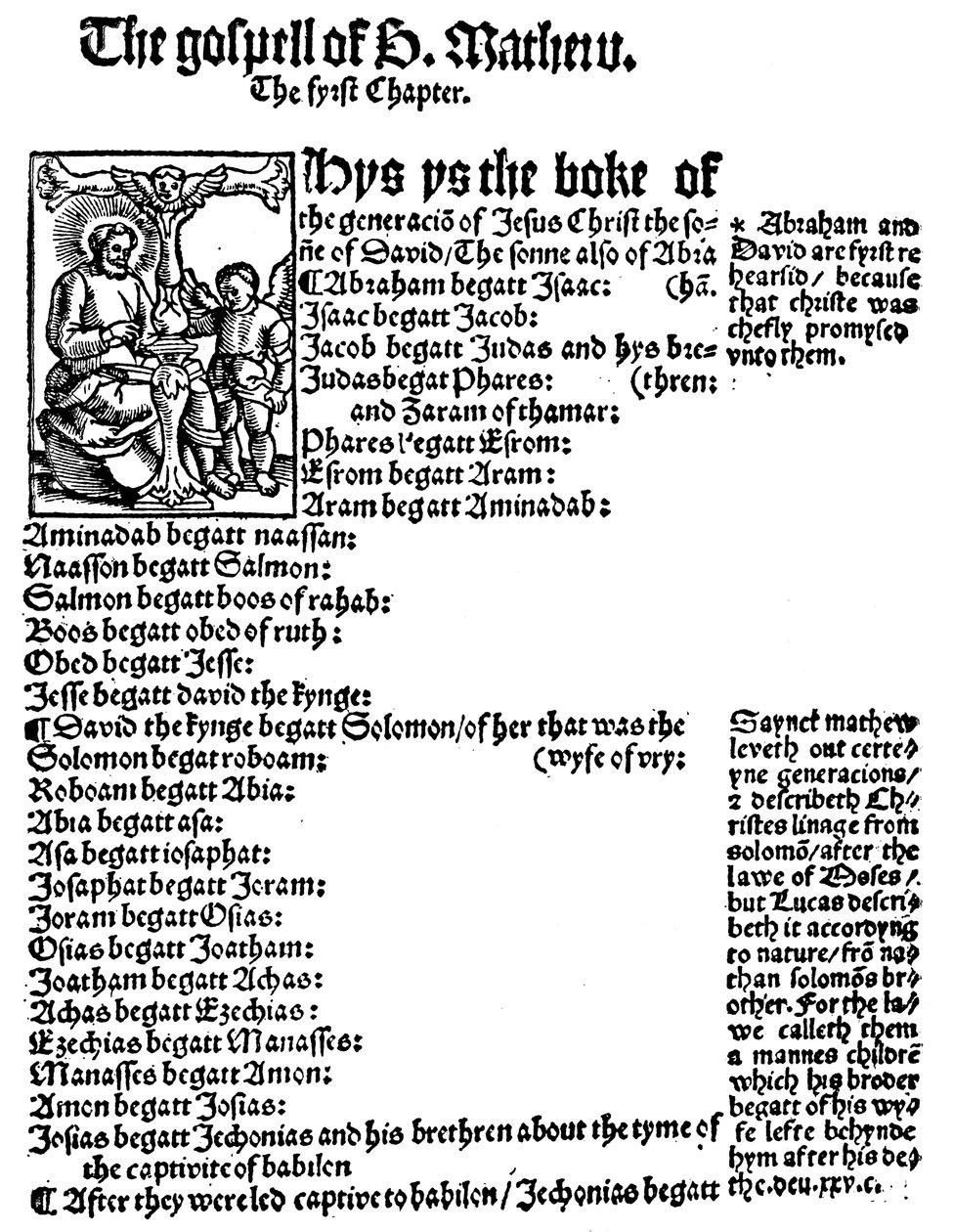 Szent Máté evangéliumának első oldala William Tyndale angol Újszövetségéből, 1525 alkotó: Unbekannt