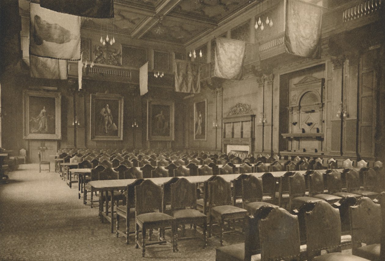 Zászlóra akasztott nagyterem, amelyben az élelmiszerboltok hatalmas társasága tartja banketteit, 1935. alkotó: Unbekannt