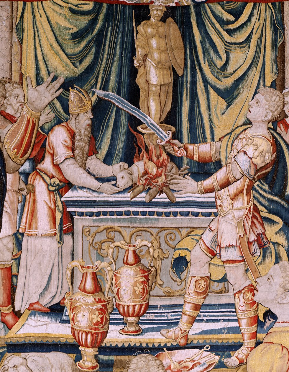 Flamand kárpit. Sorozat Hannibal története. Hannibál esküje (Juramento de Aníbal). A sorozat első gobelinje. Rajzfilmek névtelen mestere Hollandiában. Brüsszeli műhelyek gyártása. Kb. 1570. Szövet Gyapjú és selyem, 6,5/7 lánc per cm. 34-es méret alkotó: Unbekannt