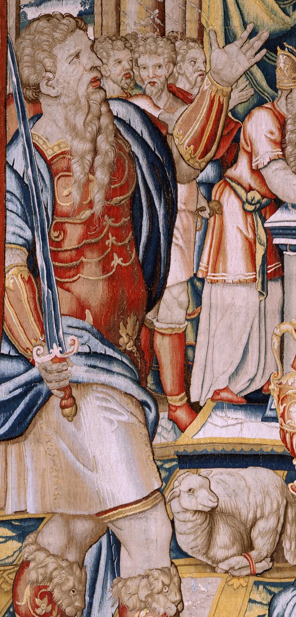 Flamand kárpit. Sorozat Hannibal története. Hannibál esküje (Juramento de Aníbal). A sorozat első gobelinje. Rajzfilmek névtelen mestere Hollandiában. Brüsszeli műhelyek gyártása. Kb. 1570. Szövet Gyapjú és selyem, 6,5/7 lánc per cm. 34-es méret alkotó: Unbekannt