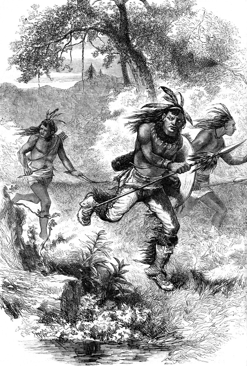 Az amerikai őslakosok menekülése a telepesek lemészárlása után, 17. század c1880 alkotó: Unbekannt