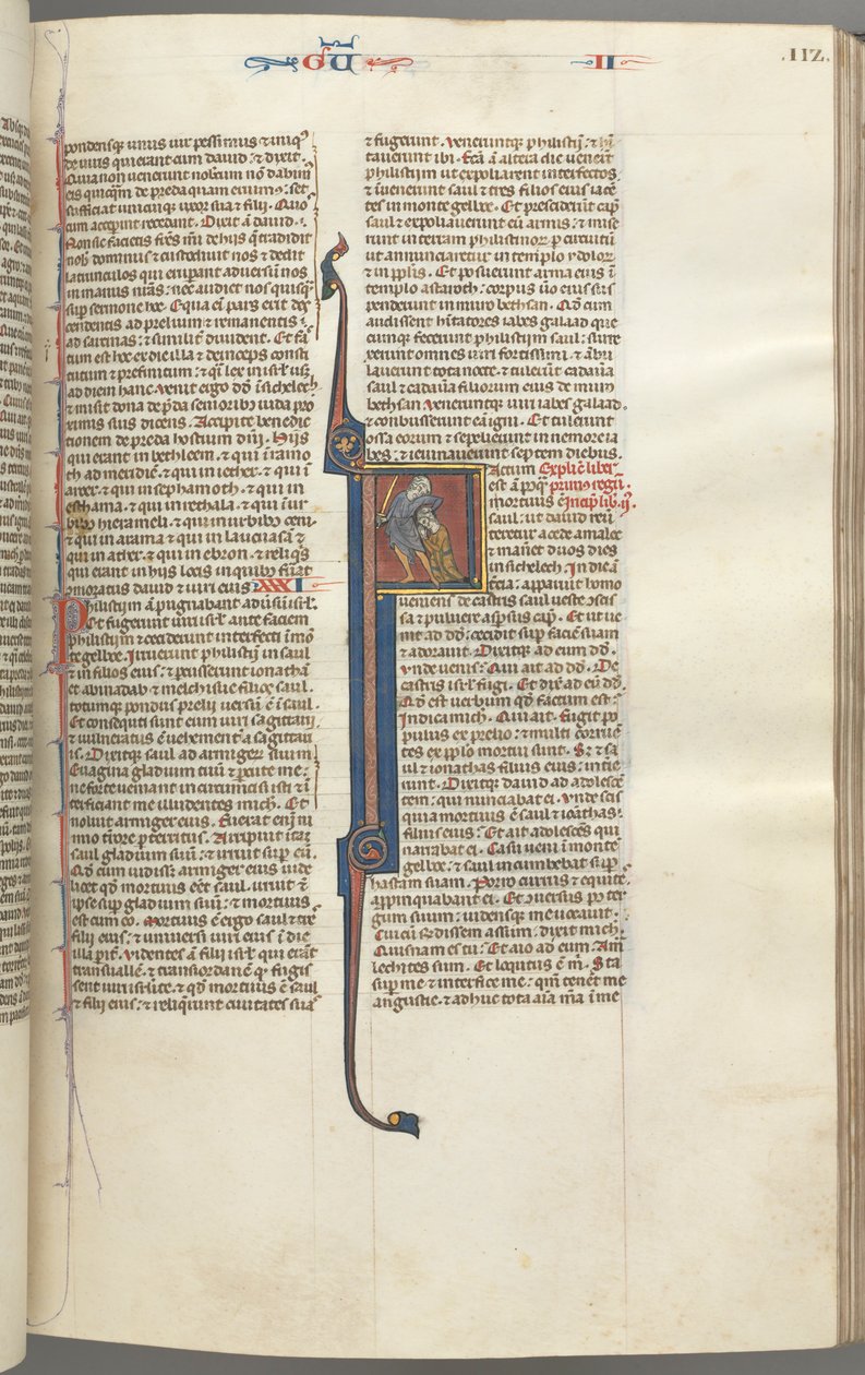 Fol. 112r, Kings II, történeti kezdetű F, az amalekiták lefejezése, c. 1275-1300. alkotó: Unbekannt
