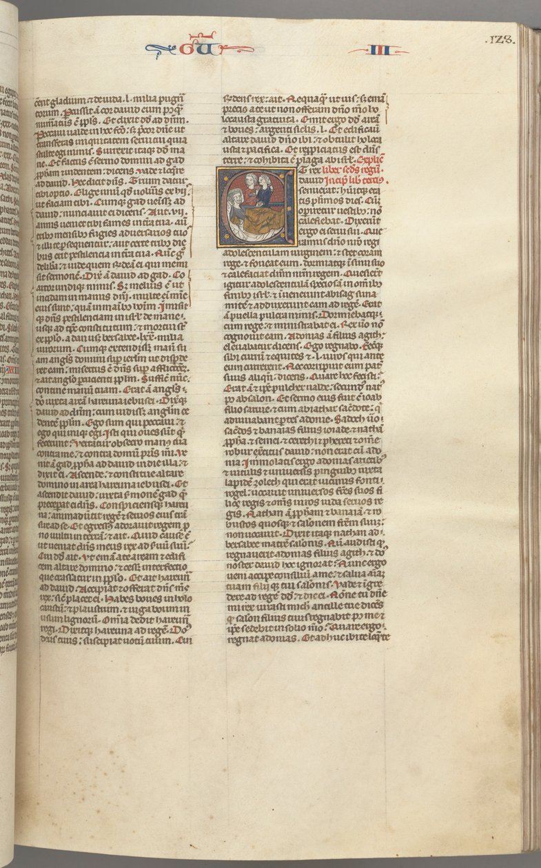Fol. 123r, III. királyok, történetíró kezdetű E, egy kísérő, aki Abiságot hozta Dávidhoz..., c. 1275-1300 alkotó: Unbekannt