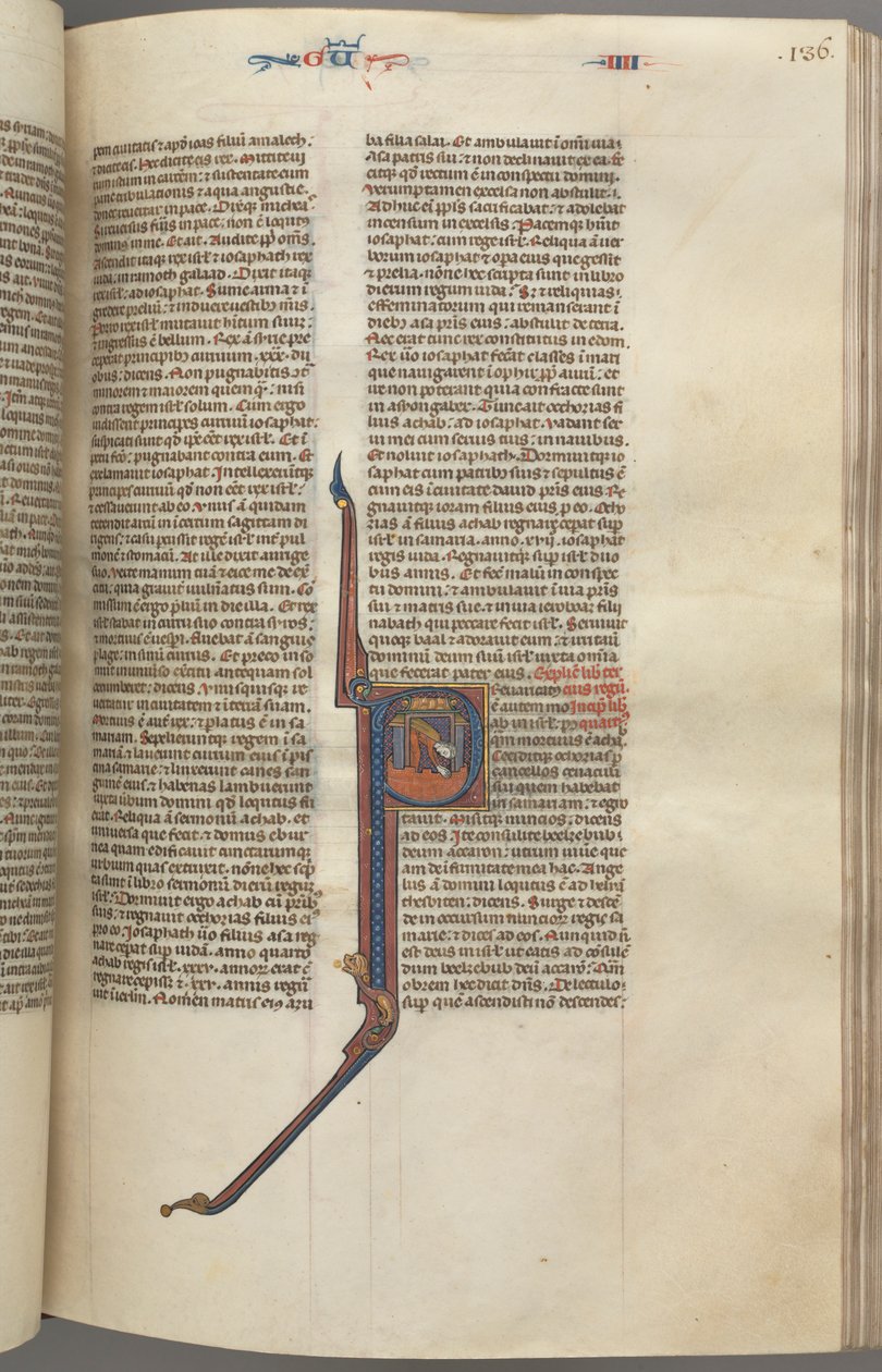 Fol. 136r, IV. királyok, történeti kezdetű P, Aházia lezuhan egy toronyból, kb. 1275-1300. alkotó: Unbekannt