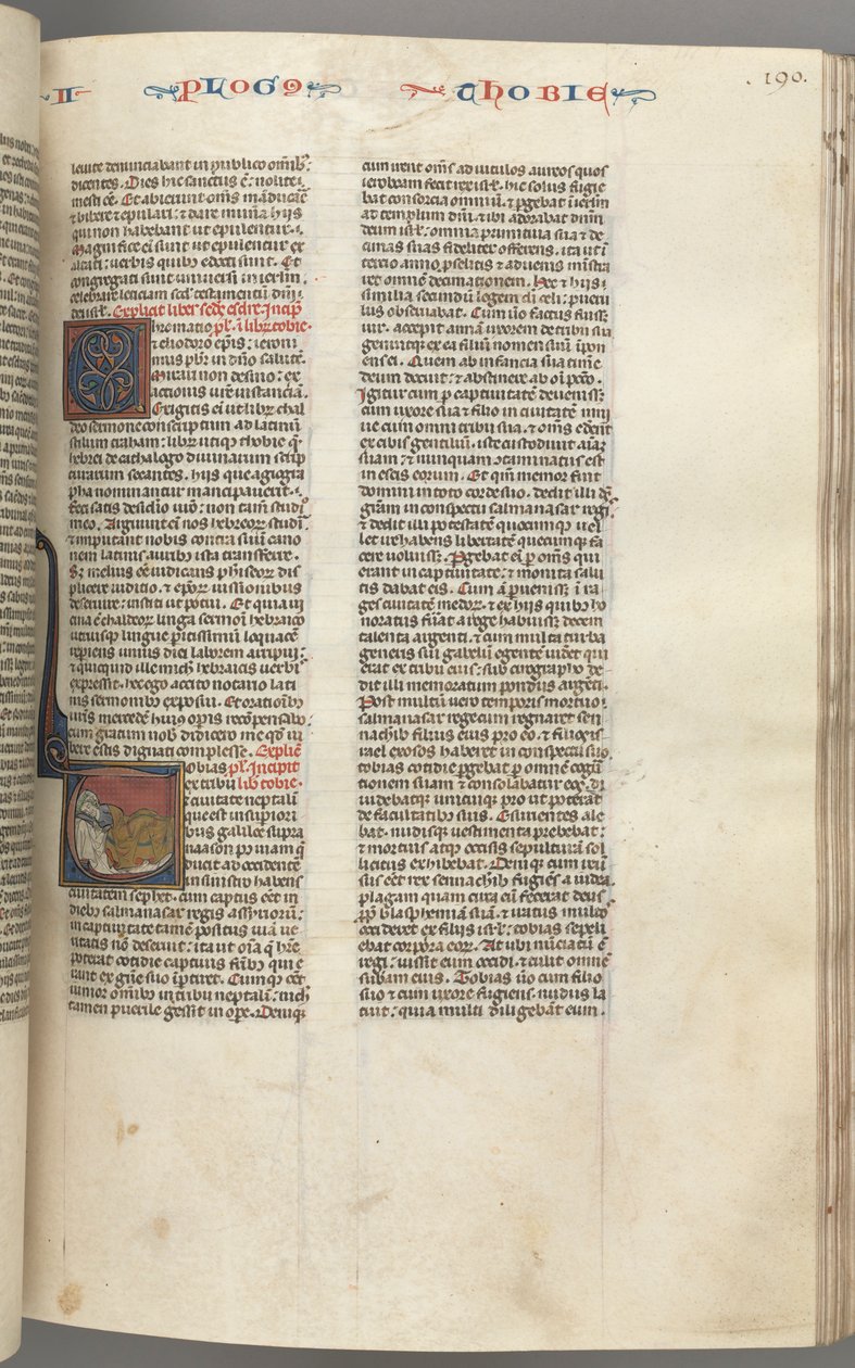 Fol. 190r,Tóbit, történész kezdetű T, Tobit ágyon alszik, c. 1275-1300. alkotó: Unbekannt