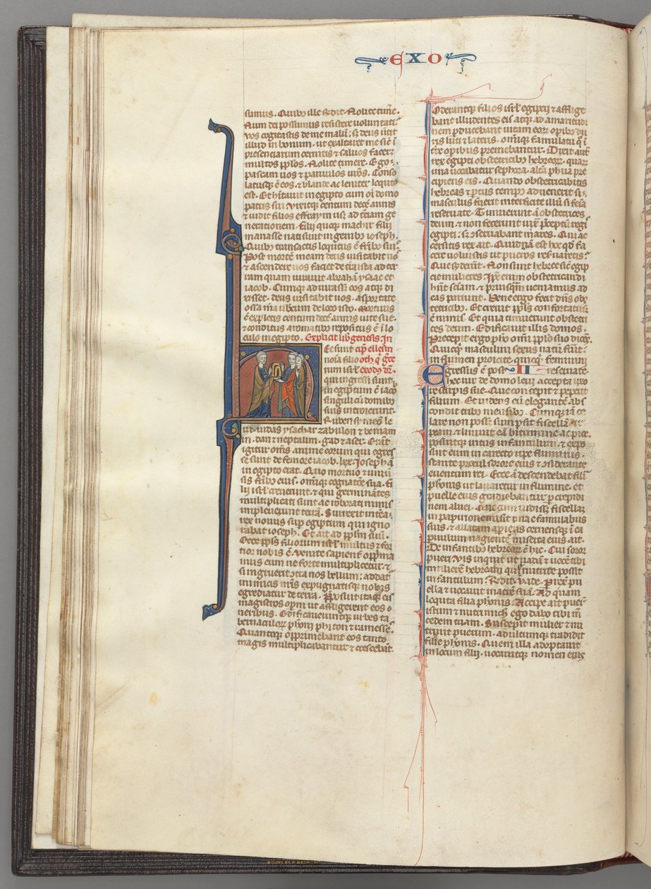 Fol. 20v, Exodus, történeti kezdetű H, Mózes és két követője a törvény tábláival, c. 127 alkotó: Unbekannt