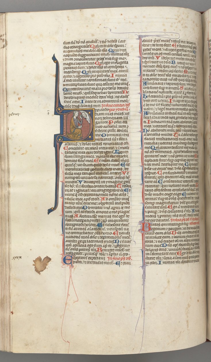 Fol. 220v, 38. zsoltár, történetírás kezdete D, Dávid térdre ereszkedik, és a fenti Isten mellszobra felé mutat, kb. 1 alkotó: Unbekannt