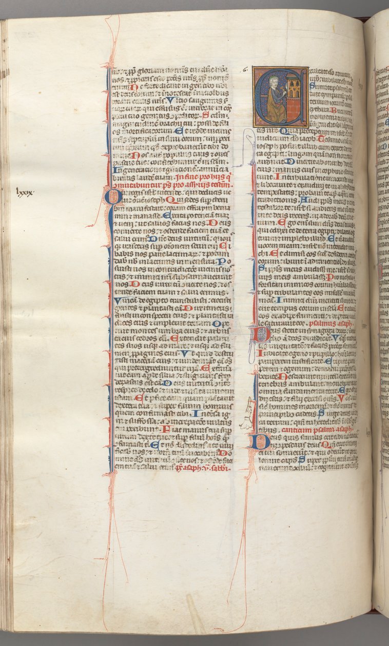 Fol. 227v, 80. zsoltár, történeti kezdetű E, Dávid poklok harangjátékát üti, kb. 1275-1300. alkotó: Unbekannt