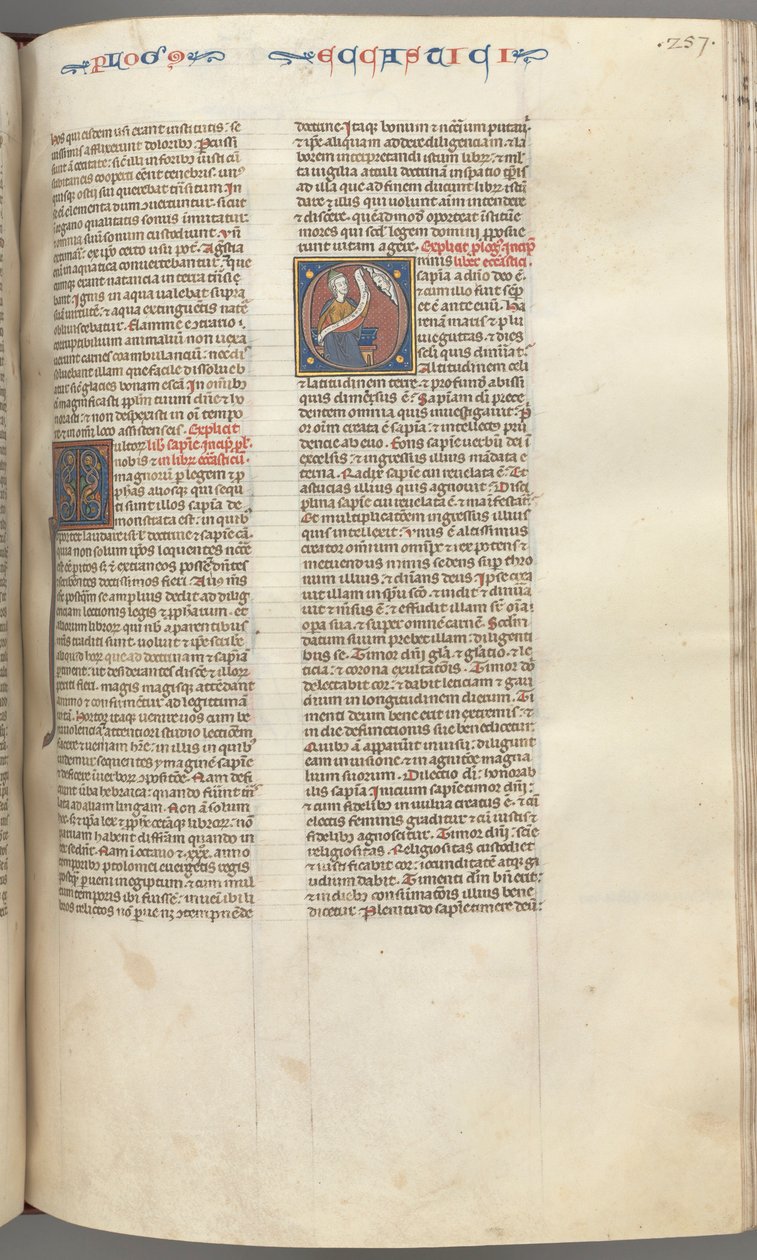 Fol. 257r, Ecclesiasticus, historikus kezdőbetűje O, Sirach ül egy tekercssel, Isten mellszobra fent, c. alkotó: Unbekannt