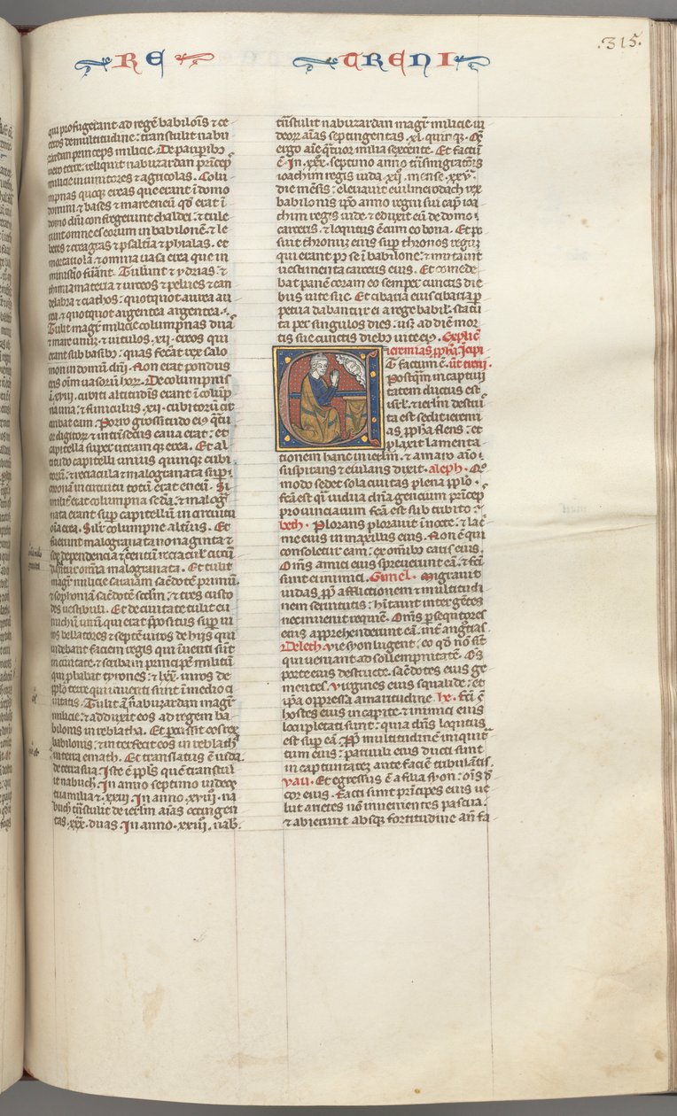 Fol. 315r, Siralmak, történeti kezdetű E, egy térdelő Jeremiás, aki Isten mellszobrához imádkozik, kb. 127 alkotó: Unbekannt