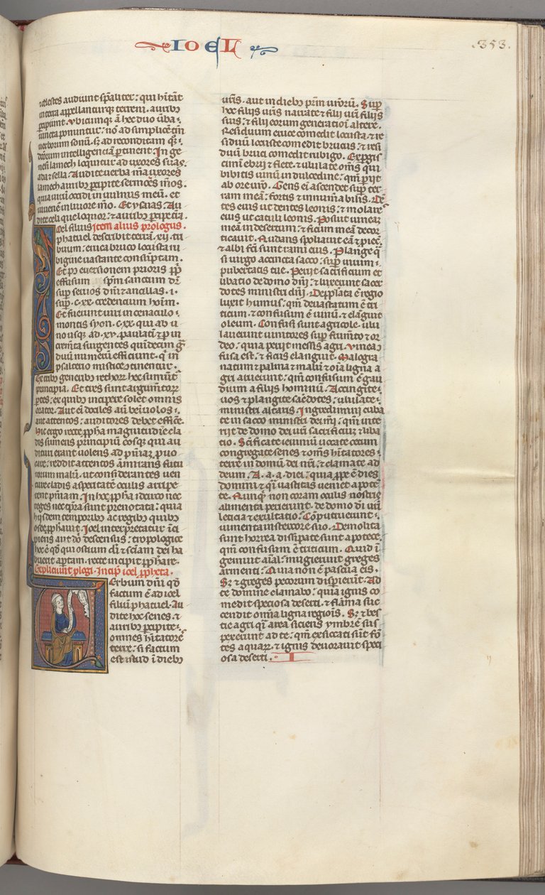 Fol. 353r, Joel, történetíró kezdeti V, Joel ül egy tekercssel, Isten mellszobra fent, kb. 1275-1300. alkotó: Unbekannt