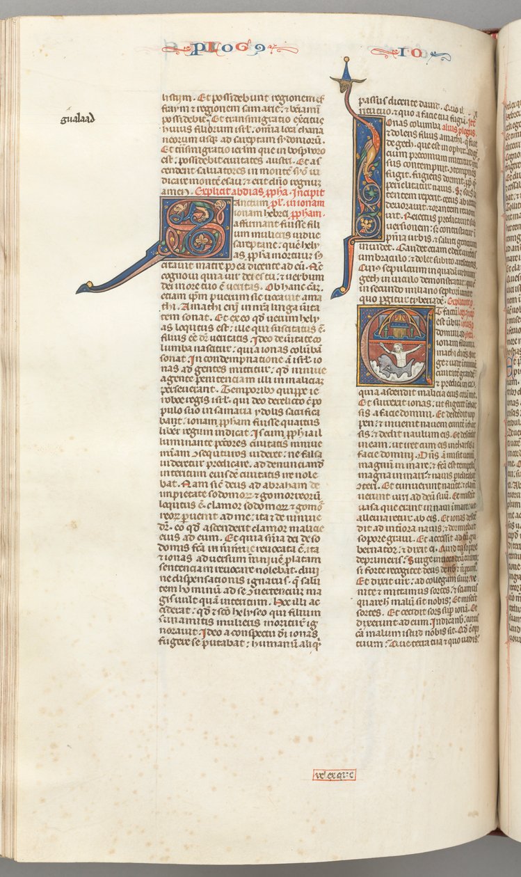 Fol. 357v, Jonah, történeti kezdetű E, Jónást elnyelte a bálna, egy fallal körülvett város fent, kb. 1275- alkotó: Unbekannt