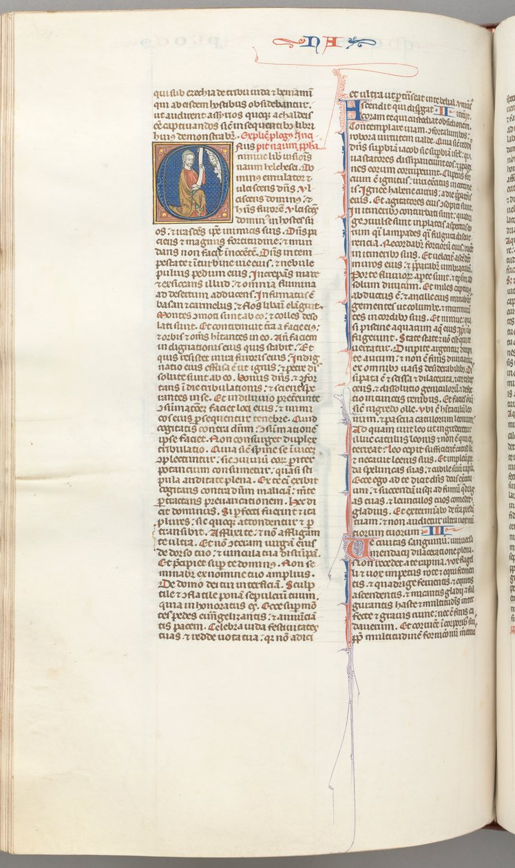 Fol. 360v, Nahum, történeti kezdetű O, Nahum térdelve egy tekercssel, fent Isten mellszobra, kb. 1275-13 alkotó: Unbekannt