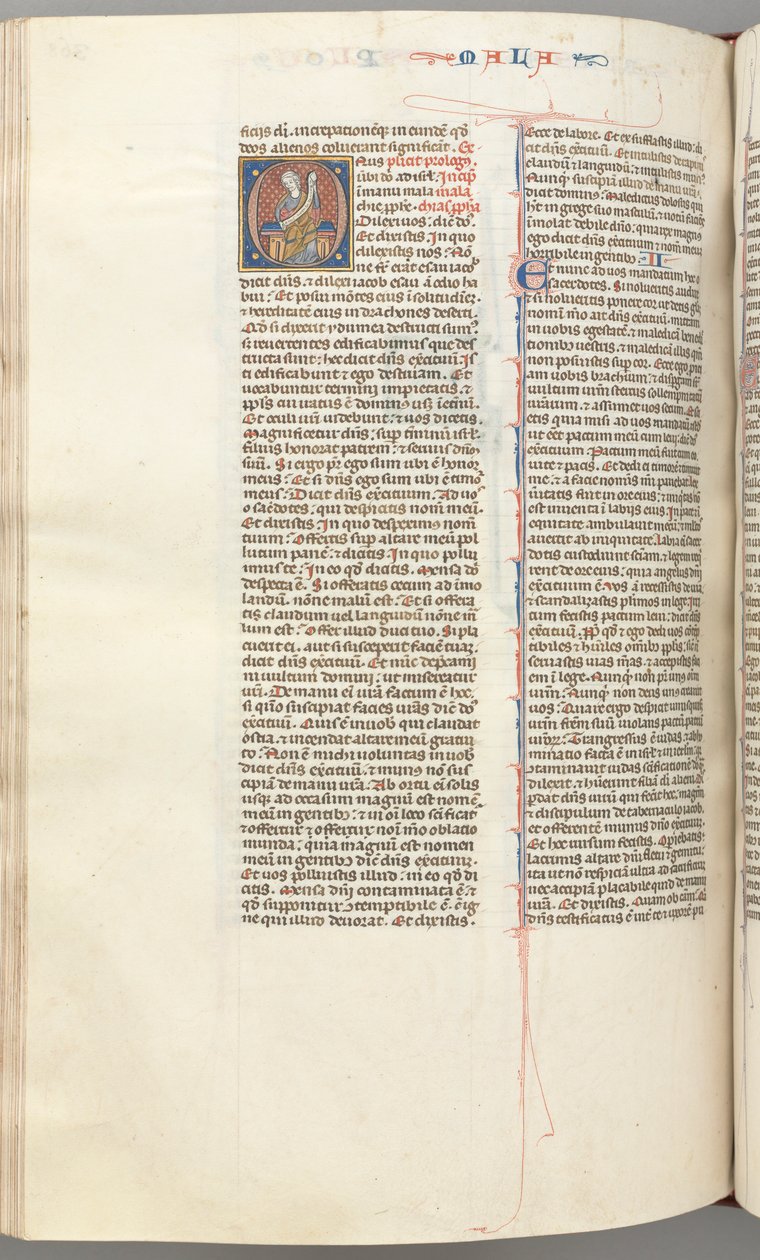 Fol. 368v, Malakiás, történeti kezdetű O, Malakiás tekercsben ül, c. 1275-1300. alkotó: Unbekannt