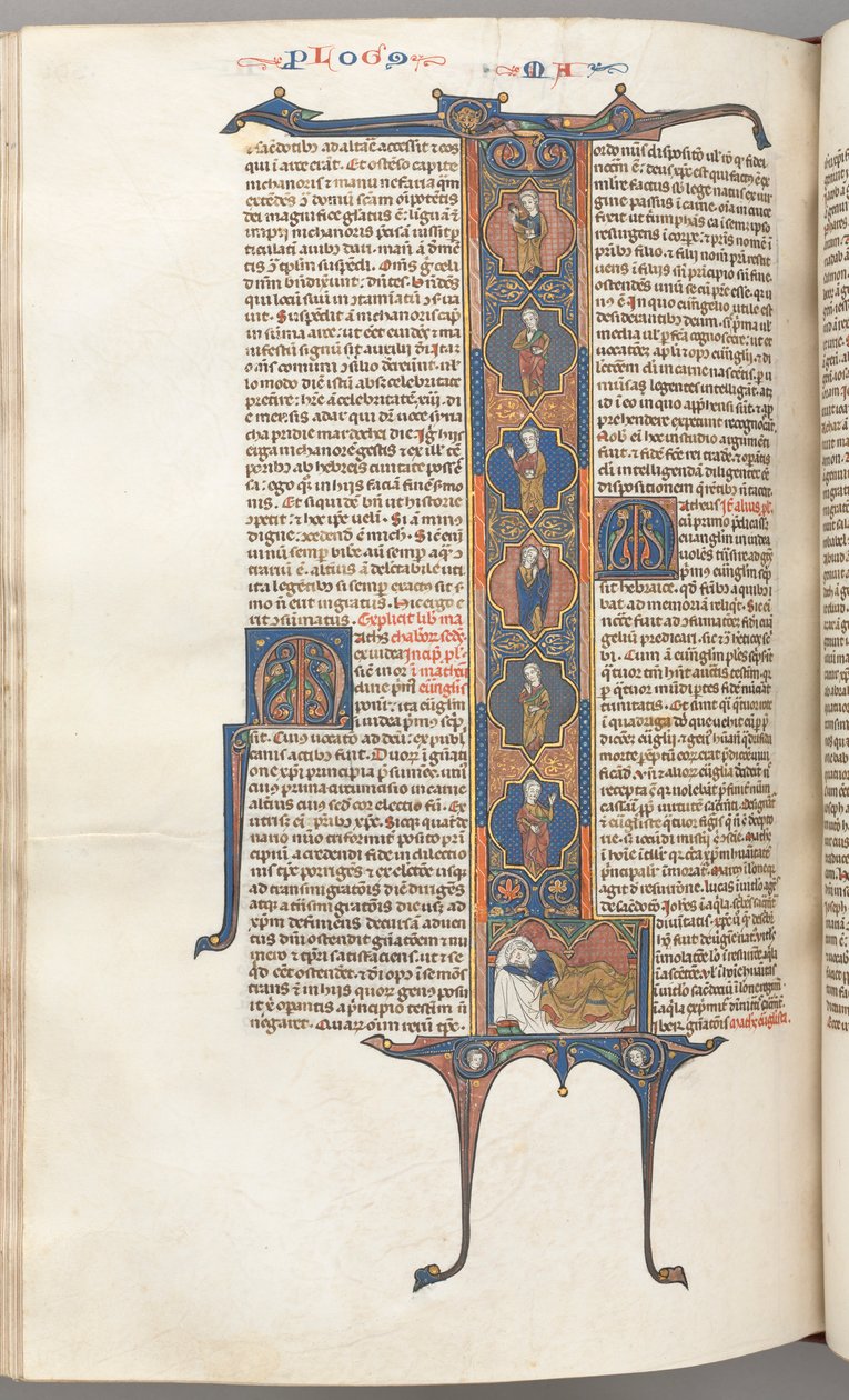 Fol. 391v, Matthew, teljes hosszúságú historikus kezdetű L, a Jesse fája, alvó Jesse-vel, c. alkotó: Unbekannt