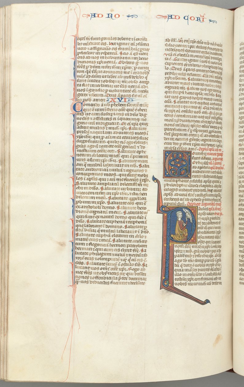 Fol. 440v, I. korinthusi levél, történeti kezdetű P, Pál térdre ereszkedve beszél a fenti Isten mellszobrával, kb. alkotó: Unbekannt