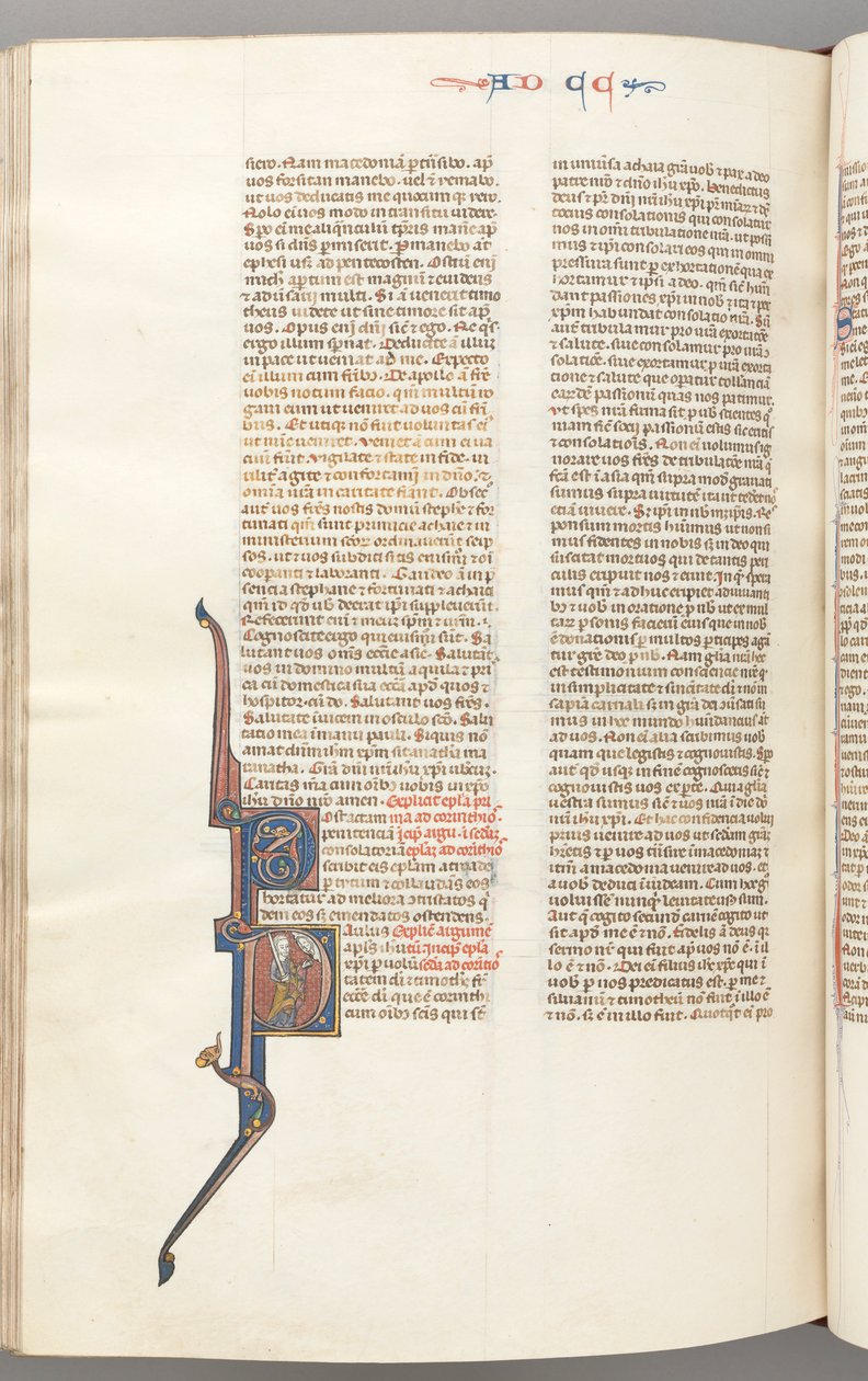 Fol. 445v, II. korinthusi levél, historikus kezdetű P, Pál karddal áll, kb. 1275-1300. alkotó: Unbekannt