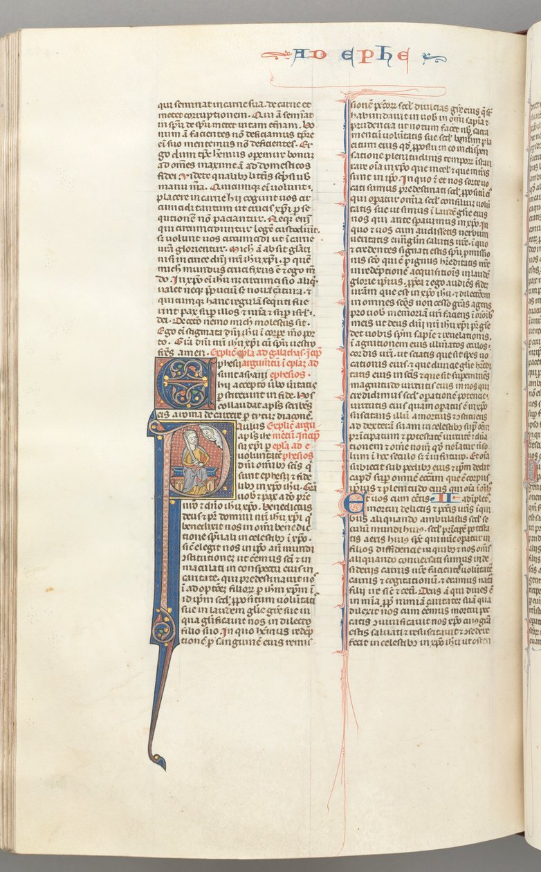 Fol. 450v, Ephesians, történeti kezdetű P, Pál karddal ülve, fent Isten mellszobra, kb. 127 alkotó: Unbekannt