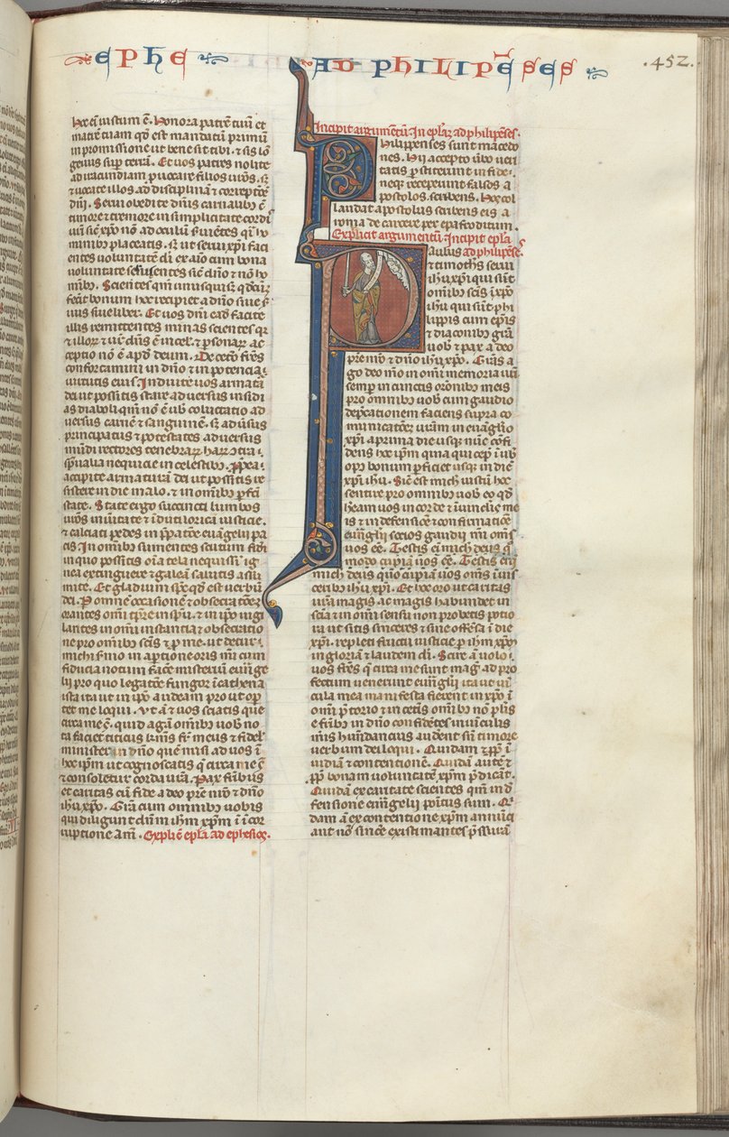 Fol. 452r, filippi, történész kezdetű P, Pál karddal és tekercssel állva beszél alkotó: Unbekannt