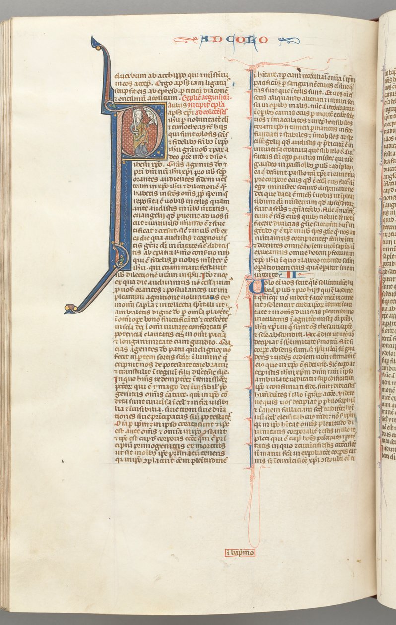 Fol. 453v, Colossians, történeti kezdetű P, Pál állva beszél a fenti Isten mellszobrával, kb. 127 alkotó: Unbekannt