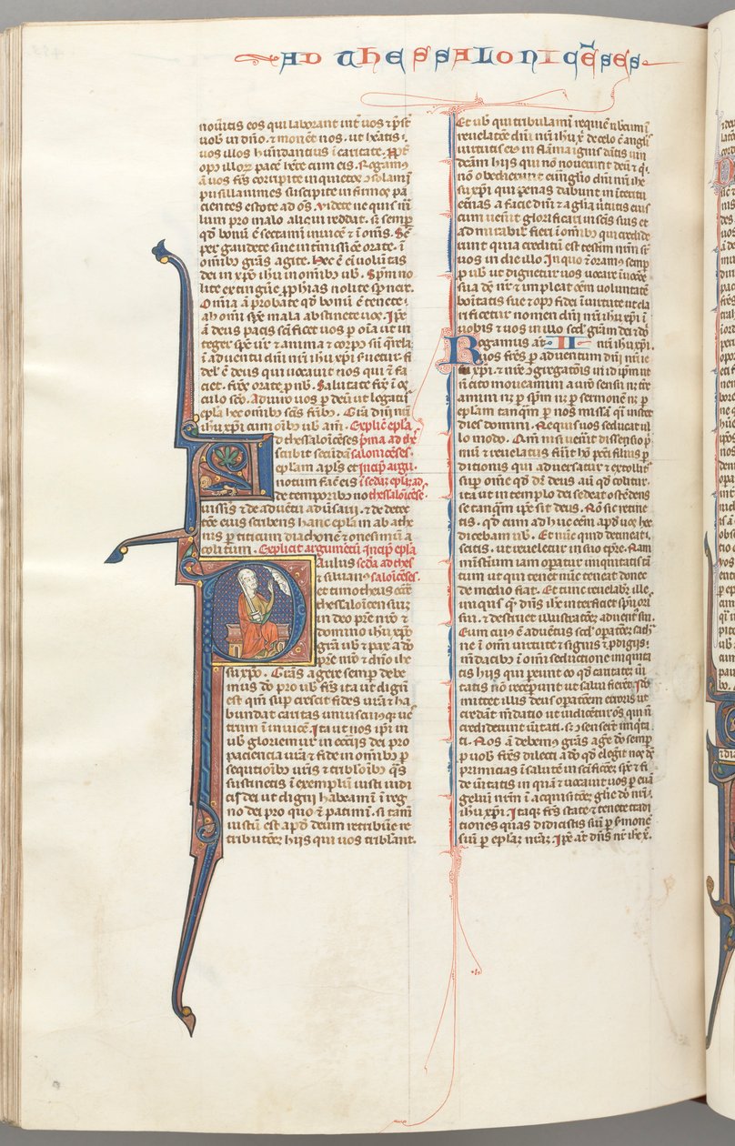 Fol. 455v, Thessalonika II, historikus kezdetű P, Pál karddal ülve..., c. 1275-1300. alkotó: Unbekannt