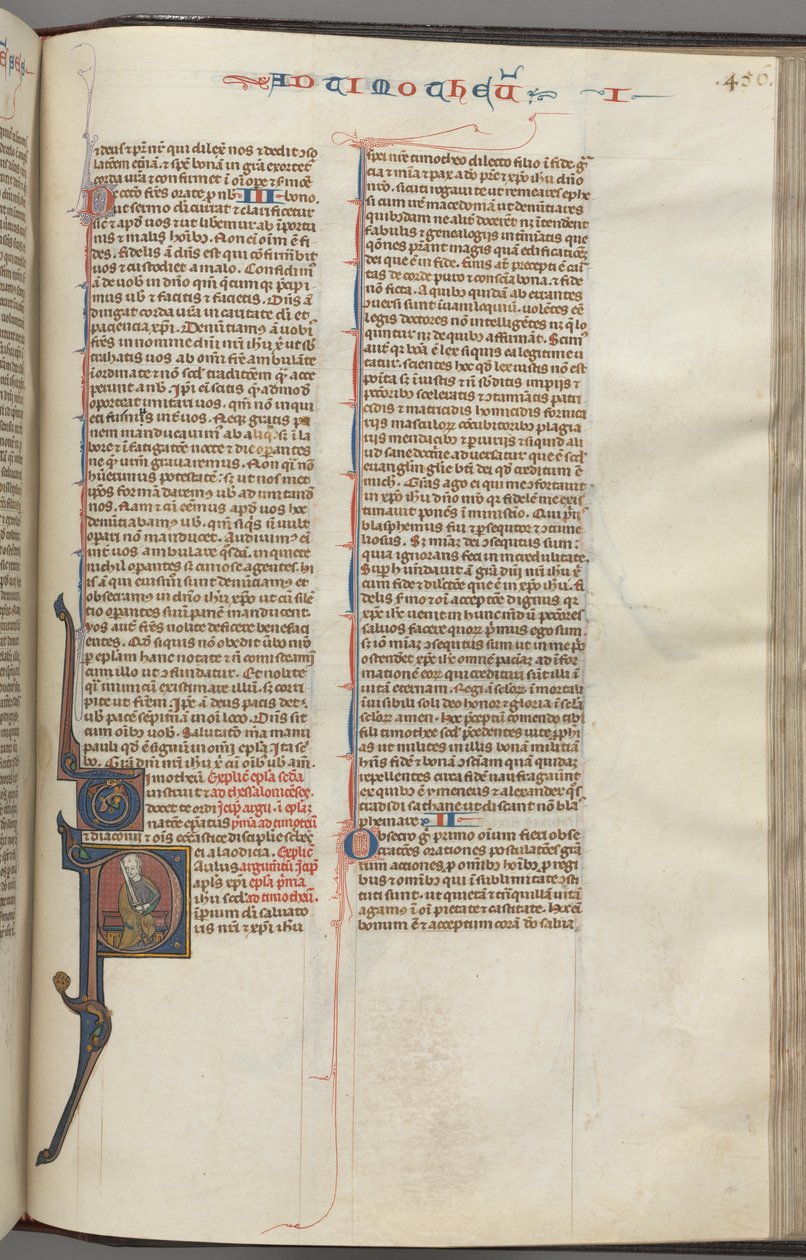 Fol. 456r, I. Timóteus, historikus kezdőbetűs P, Pál ül, kb. 1275-1300. alkotó: Unbekannt