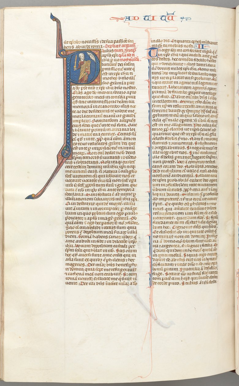 Fol. 457v, II. Timóteus, történeti kezdetű P, Pál a fenti Isten mellszobrához beszél, kb. 1275-1300. alkotó: Unbekannt