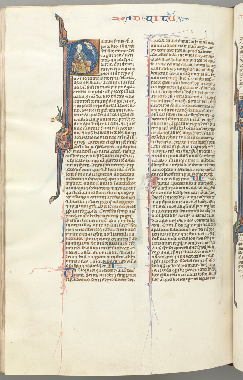 Fol. 458v, Titus, historikus kezdetű P, Pál karddal ülve, kb. 1275-1300. alkotó: Unbekannt