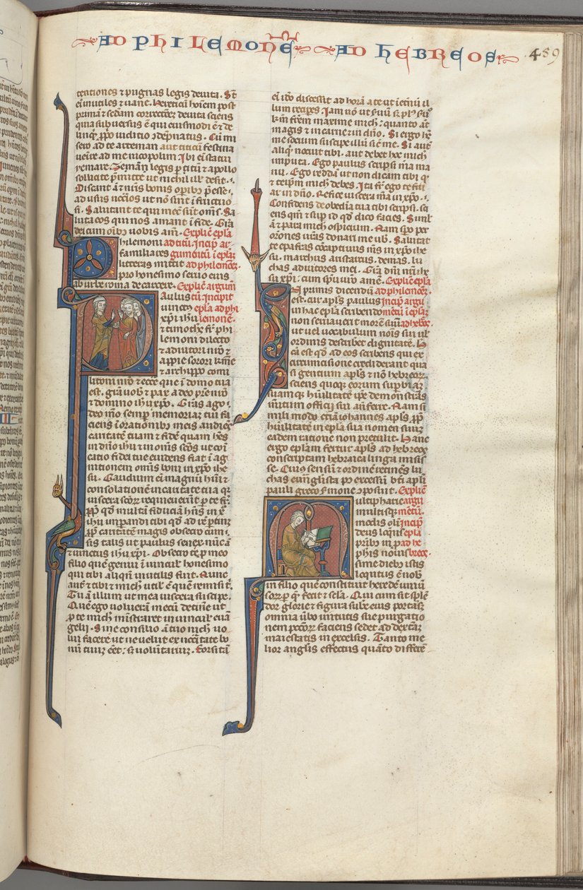 Fol. 459r, Philemon, történetíró kezdetű P, Pál három férfihoz és a héberekhez szól..., c. 1275-1300. alkotó: Unbekannt