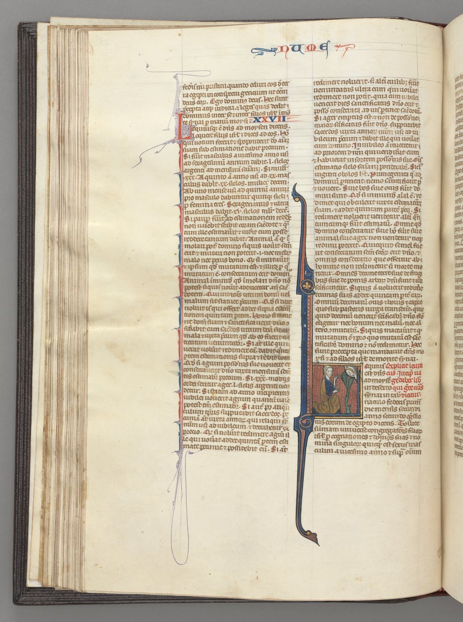 Fol. 46v, Számok, történeti kezdetű L, Mózes szarvakkal, Isten előtt térdelve, c. 1275-1300. alkotó: Unbekannt