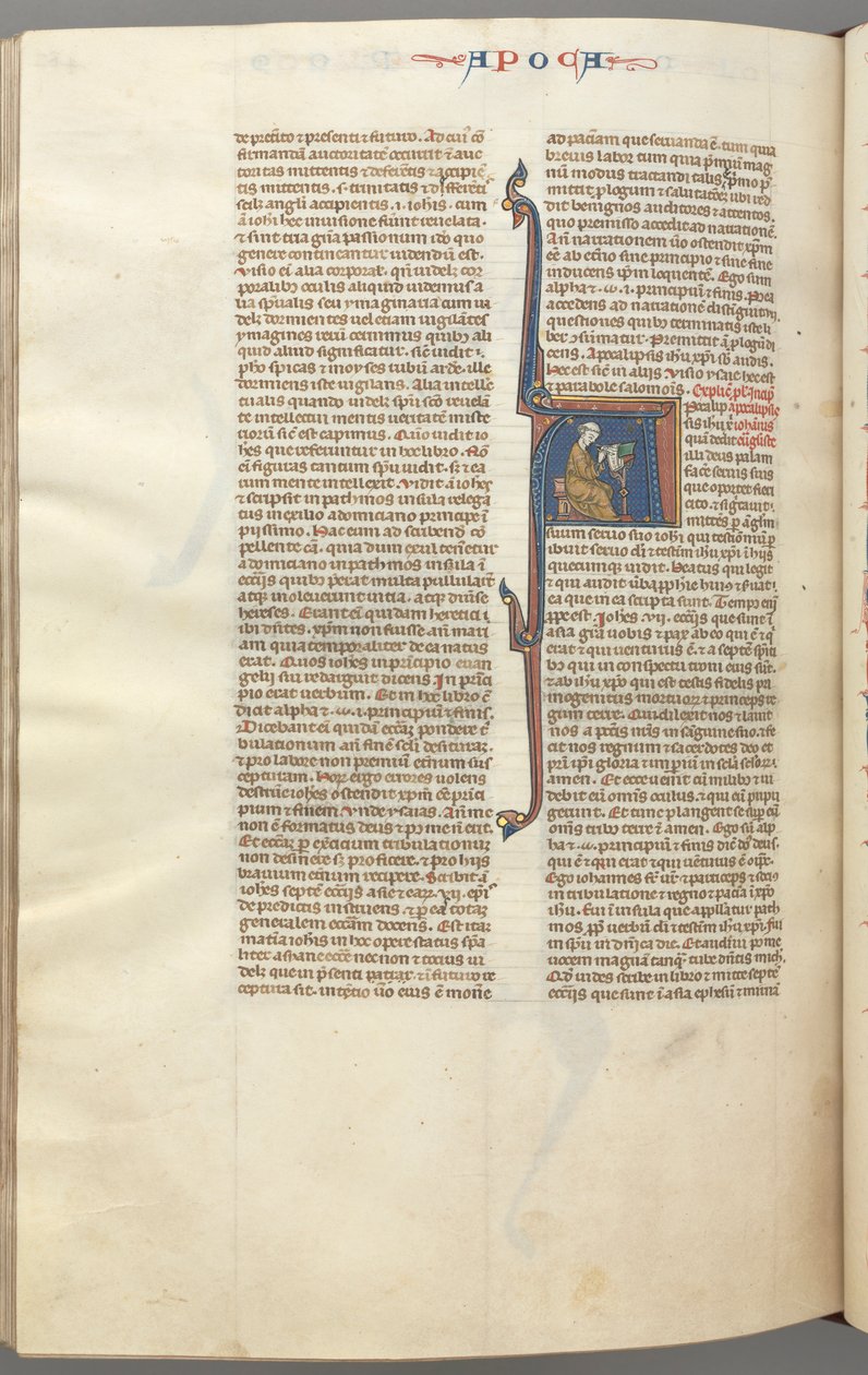 Fol. 482v, Revelations, historikus kezdőbetű A, János íróasztalnál ülve ír..., c. 1275-1300. alkotó: Unbekannt