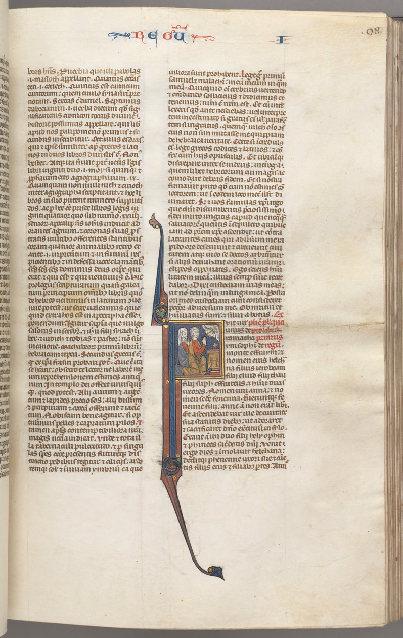 Fol. 98r, I. királyok, történeti kezdetű F, Elkanah és Hannah oltár előtt térdelve..., c. 1275-13 alkotó: Unbekannt
